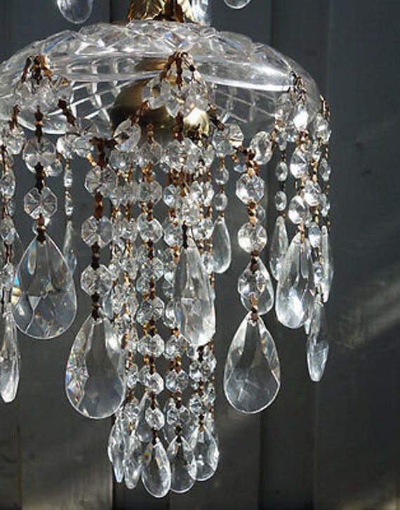 Vintage Lamp Chandelier Hanging Jelly Fish brass crystal glass prism 30/" cord