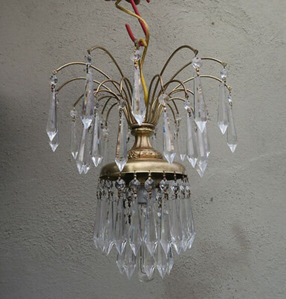 Vintage Hollywood Waterfall Fountain Tole Brass Swag Lamp Crystal Chandelier Plg - Swag Mini Crystal Chandelier Vintage Hollywood Waterfall Fountain Tole Brass Swag Lamp Crystal Chandelier Plg - Swag Mini Crystal Chandelier