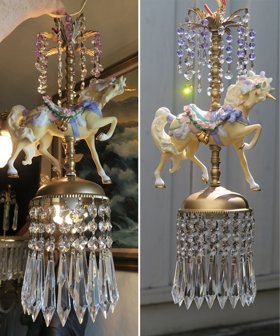 Porcelain Carousel Unicorn Lamp Swag Chandelier Vintage Horse