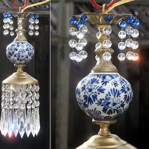 Small SWAG Vintage porcelain DELFT BLUE Dutch tole Brass Crystal lamp beaded