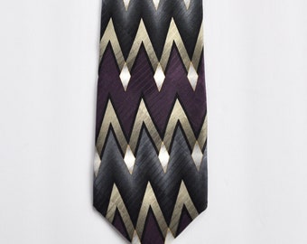 ZigZag Chevron Purple and Grey Silk Tie by Facets, 80s 90s Y2K Menswear, Unique Tie, Gift for Him Boss, Designer, Vintage Retro
