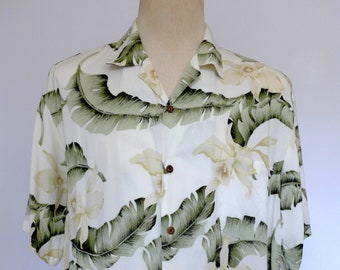 90s Hawaiian Rayon Button-Up Top: White Orchid Green Leaf Print, XL