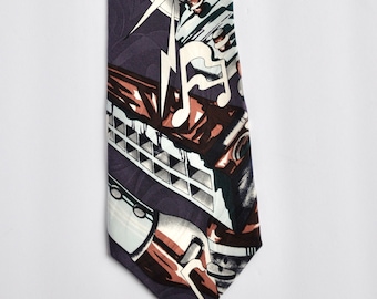 80s Jazz Musical Note Lightning Bolt Silk Tie by Uptown, Rare, Collectible, Unique, Gift for Musician/Blues/1930s Style/One of a Kind