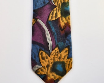 Funky Flower Silk Neck Tie, Mustard Yellow, Blue, Purple, Abstract Sunflower Tie, 70s 80s Tie, Buckingham Tie, Gift for Him Boss Florist
