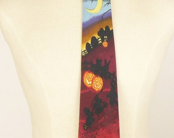 90s Vintage Halloween Tie, Pumpkins and Moon Tie, Graveyard Moon Trick or Treaters, Made in Korea, Polyester, Spooky Tie