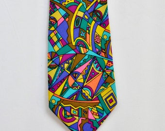 Psychedelic Hippy Martin Wong 100/% Silk Abstract Color Block Bohemian Tie 1980s 1990s UrbanStreetwearHip HopMustard Turquoise Pink