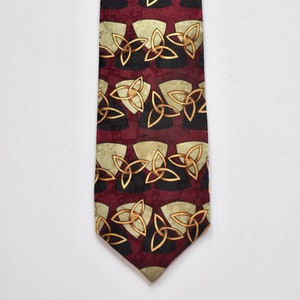 Ashberry Burgundy and Gold Abstract Space Age Silk Tie, Unique Geometric, Triangles Spirals, Gift for Him Boss
