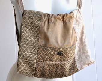 Patchwork Drawstring Backpack: Olive Green Boho Travel Bag