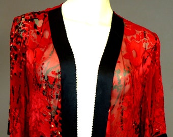 Silk Red and Black Sheer Beaded Top Embossed/Shawl Top, Size Small, Pinup/Noir/Princess Sleeves/Lingerie/Negligee/Sexy Loungewear