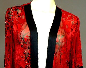 Soie Rouge et Noir Sheer Beaded Top Gaufré / Shawl Top, Taille Petite, Pinup / Noir / Princess Sleeves / Lingerie / Negligee / Sexy Loungewear