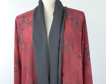 Y2K Asian Floral Crinkle Drape Top: Versatile Burgundy Blouse (Size S-XL)