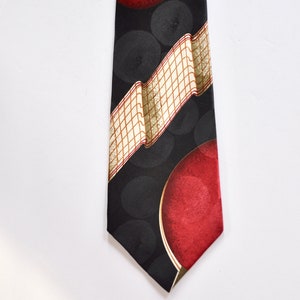 70s Swing Tennis Abstract Silk Neck Tie with Tennis Racket and Net, Red White Black, Athletic Tie, Vintage Silk, Tennis Player, Gift for Him