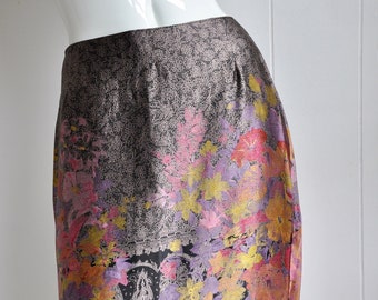 Falda de rayón Y2K: estampado floral platino vintage, talla 12