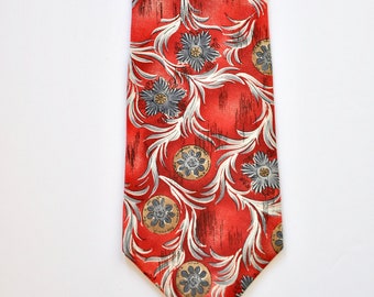 90s Hunt Club 100% Silk Hawaiian Neck Tie, Buttery Soft Silk, Coral Red and Grey Blue, Unique, Gift for Him Boss, Tropical Flower Tie