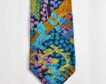Psychedelic Hippy Martin Wong 100/% Silk Abstract Color Block Bohemian Tie 1980s 1990s UrbanStreetwearHip HopMustard Turquoise Pink