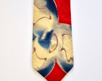 Abstract Red White & Blue Silk Tie - Handmade 1990s Menswear
