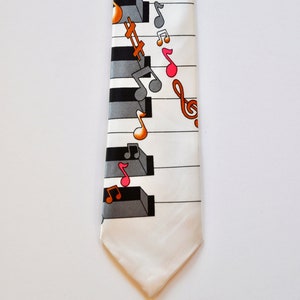 80s Piano Keys Musical Notes Tie, White Satin Tie, Wedding Tie, Jazz Band Tie, Classical Music Tie, Conductor, Music Student, Piano Player