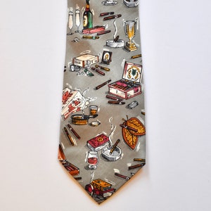 Smokin&#39; Tobacconist Silk Tie w/ Wine Glasses, French Bread, Cigar Boxes, Tobacco Leaves, Whiskey, Man of Leisure Silk Tie, 80s 90s Men