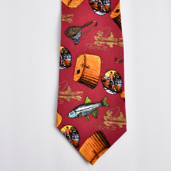 70s Lilian Vernon Fish Tackle Box Novelty Silk Tie, Fisherman Tie, Burgundy Tie, Gift for Dad Him Boss, Designer Menswear, Unique Rare
