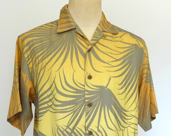 Y2K Tommy Bahama 100% Silk Hawaiian Shirt, Size Small, Yellow and Gray Leaves, Yellow Ombre Silk Shirt