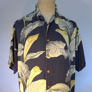 Tommy Bahama Silk Top, Size M, Blue Gray Yellow Hawaiian Palm Leaf Shirt, Vintage Tommy Bahama, Vacation Shirt