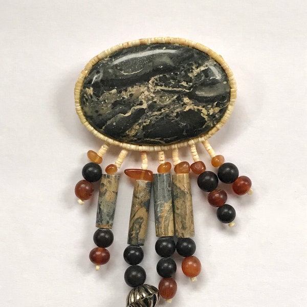 Natural Stone Collar Brooch Pin w/ Wooden Beads and Leather Back, Native American Style, Southwest, Western Cowboy Cowgirl, South America