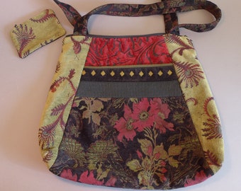 80s 90s Floral Tapestry Patchwork Purse w/ Shoulder Strap, Travel Bag, Antique Vintage Gift for Her Mom, Durable Sturdy Bag, Student Pupil