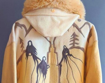90s 70s Tribal Mountains Forest Hooded Wool Coat & Raincoat Cover (2 Pieces), Linda Lundstrom, Hippy Boho Designer - fits XL or Large
