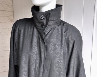 Vintage London Fog Black Embossed Floral Raincoat/Trench Coat, 1970s/1980s, High Collar, Elegant/Fall/Summer/Spring, Goth/Wiccan/Pagan/Noir