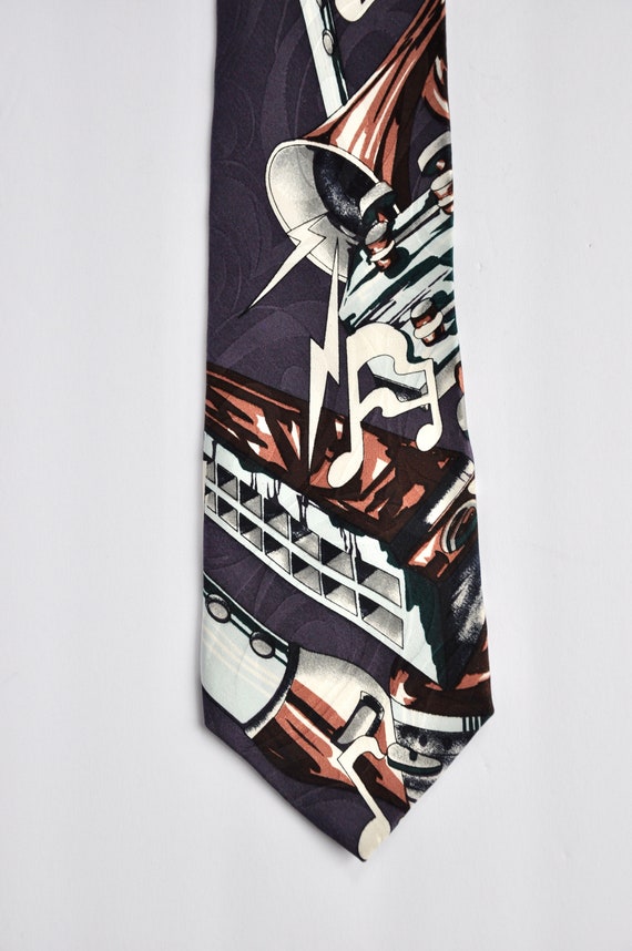 80s Jazz Musical Note Lightning Bolt Silk Tie by … - image 2