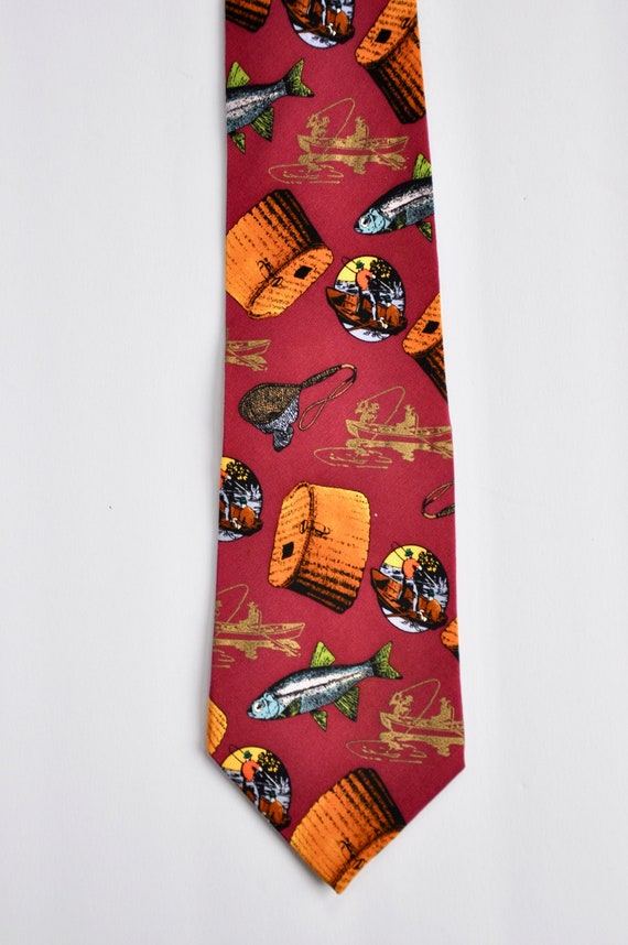 70s Lilian Vernon Silk Novelty Tie: Burgundy Fisherman Tackle Box