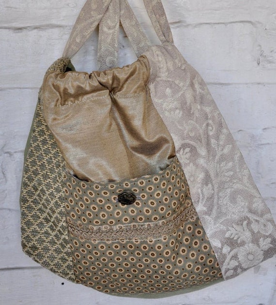 Patchwork Drawstring Backpack: Olive Green Boho T… - image 2