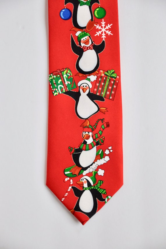 Christmas Red Penguin Tie w/ Presents, Candy Canes