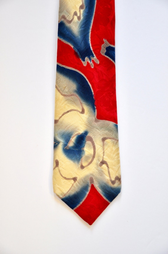 Abstract Red White & Blue Silk Handmade Tie, 1990s