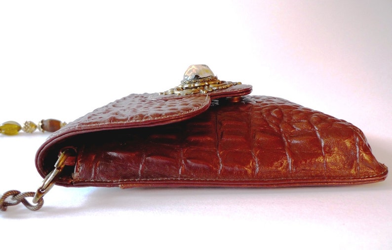Mahogany colored reptile leather bag with shoulder chain image 3