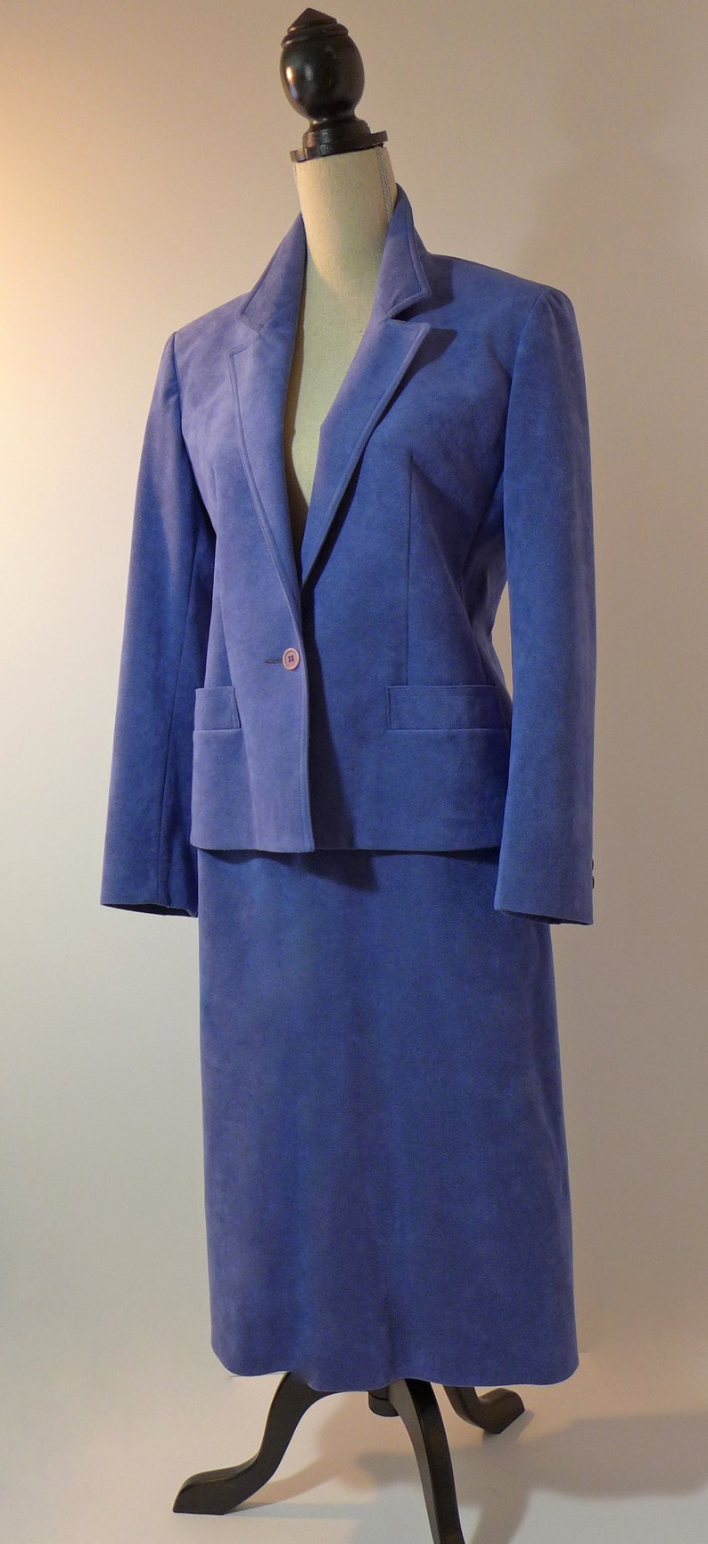 70s 80s Periwinkle ULTRA SUEDE 2-pc Woman's Skirt Suit, Animal Friendly Vegan Blue Suede Suit, Secretary Pinup Flight Attendant image 5