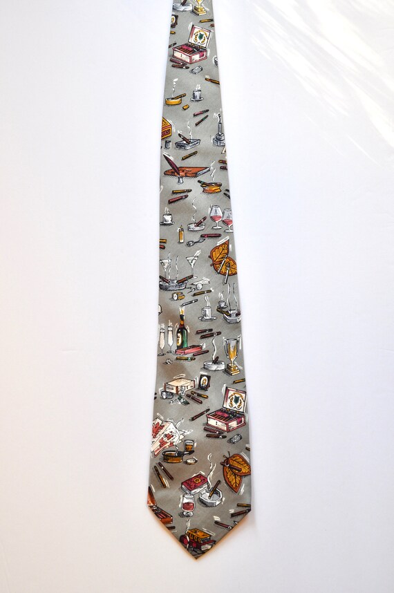 Smokin' Tobacconist Silk Tie W/ Wine Glasses, French Bread, Cigar Boxes,  Tobacco Leaves, Whiskey, Man of Leisure Silk Tie, 80s 90s Men