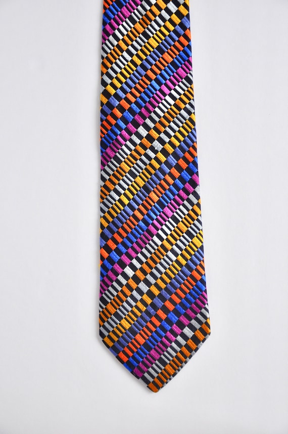 Bachrach Silk Tie: Psychedelic Rainbow Checkered … - image 1