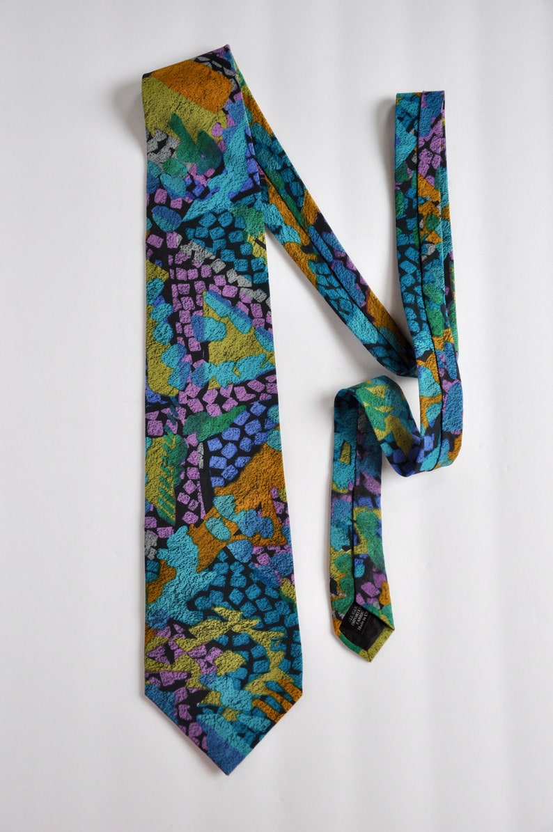 Psychedelic Hippy Martin Wong 100/% Silk Abstract Color Block Bohemian Tie 1980s 1990s UrbanStreetwearHip HopMustard Turquoise Pink