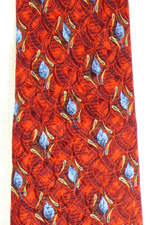 90s Red Silk Tie w/ Blue Leaves, Nordstrom Silk N… - image 3
