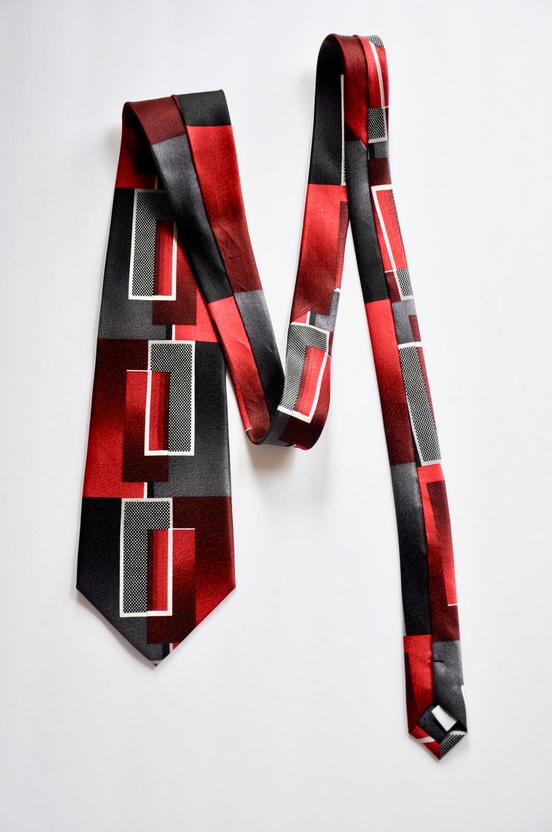 Pierre Cardin Abstract Geometric Rectangle Red Black & White Silk Tie, Vintage Menswear, Designer Tie, Holiday Christmas, Gift for Him Boss image 2