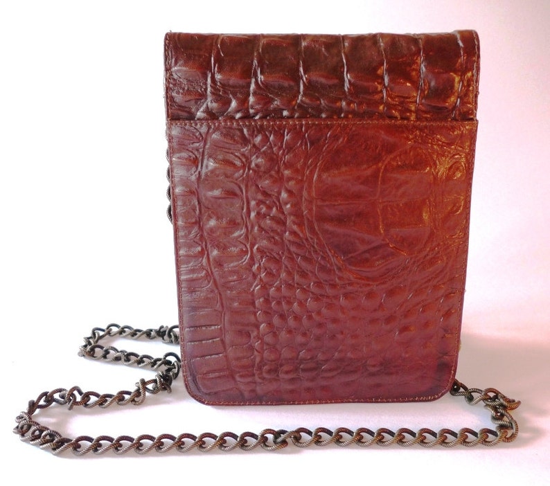 Mahogany colored reptile leather bag with shoulder chain image 4