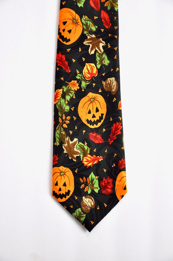 Halloween Pumpkin Silk Neck Tie, 1980s 1990s, Harv