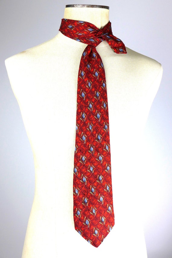 90s Red Silk Tie w/ Blue Leaves, Nordstrom Silk N… - image 1