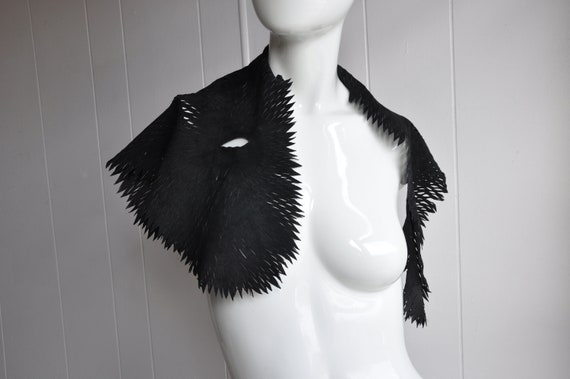 70s Black Leather Shawl with Fringe and "Shredded… - image 2