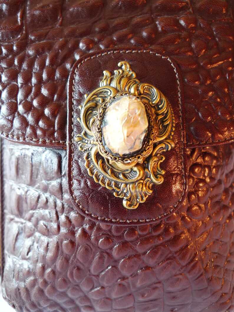 Mahogany colored reptile leather bag with shoulder chain image 2