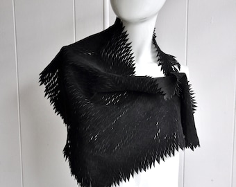 70s Black Leather Shawl with Fringe and "Shredded" Details, Vintage Western Wear, Unisex Bandana Scarf, Black Suede, Dolly Parton Country