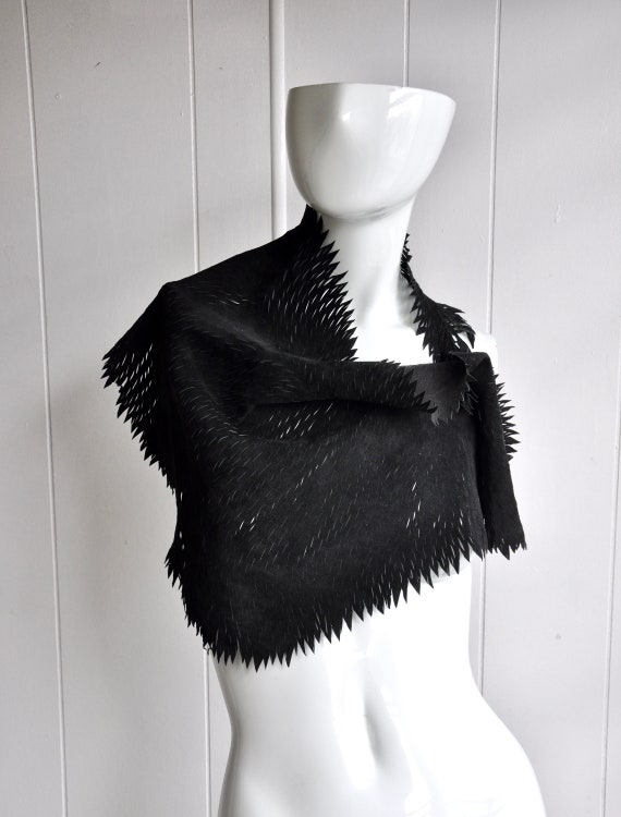 70s Black Leather Shawl with Fringe and "Shredded… - image 1