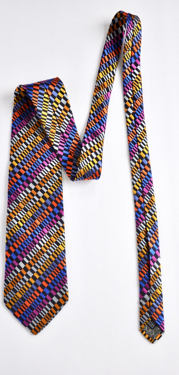 Bachrach Silk Tie: Psychedelic Rainbow Checkered … - image 3