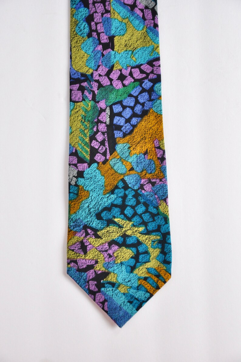 Psychedelic Hippy Martin Wong 100/% Silk Abstract Color Block Bohemian Tie 1980s 1990s UrbanStreetwearHip HopMustard Turquoise Pink